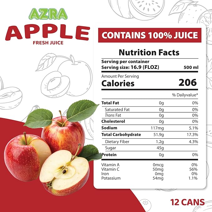 AZRA 100% Apple Juice – Fresh Organic Fruit Taste in 500ml Cans – Zero Sugar Drinks Healthy Beverages Variety Pack for Kids and Adults – Bulk 100% Juice 12 Pack