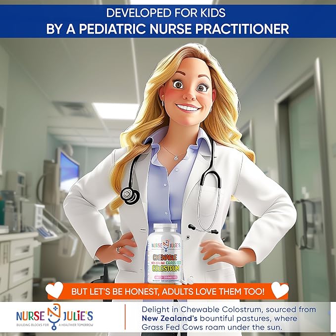Nurse Julie's Chewable Colostrum Tablets for Kids - 100% Grassfed New Zealand Colostrum - Immune Support Gut Health in Children - 60 Tablets - 2 Month Supply
