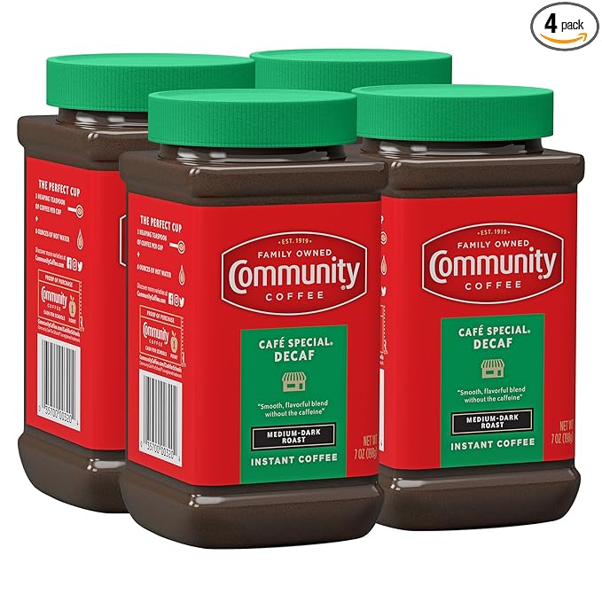 Community Coffee Café Special Decaf Medium Dark Roast Instant Coffee 7 Ounce Jar (Pack of 4)