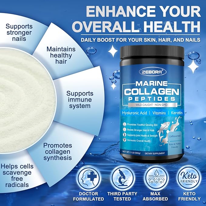 ZEBORA Marine Collagen Peptides Powder 50 Servings - Wild Caught Hydrolyzed Fish Collagen with Hyaluronic Acid Keratin Multivitamins - Collagen for Women Support Skin Hair Nail Joint Keto Friendly