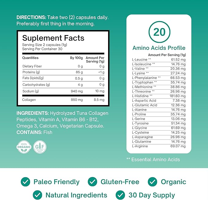 Marine Collagen Peptides - Hair Skin Nails &amp Joint Supplement - Organic Marine Collagen for Women &amp Men Non-GMO Gluten-Free No Fillers 60 Marine Collagen Capsules