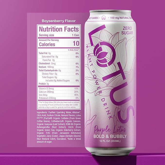 Purple Lotus Plant Power Drink™ | Sugar Free Low Calorie | 160 mg Natural Caffeine from Green Coffee Bean | Plant-Based Ingredients | Zero Sugar | 10 Calories | 12 oz Cans | 12 Count