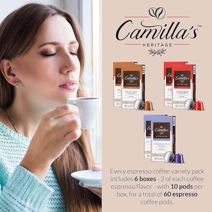 Camilla’s Heritage - Intensity 8 Flavored Espresso Coffee Spiced Variety Pack (Caribbean Spice Cinnamon &amp Hazelnut Espresso Cups) 60 Coffee Pods