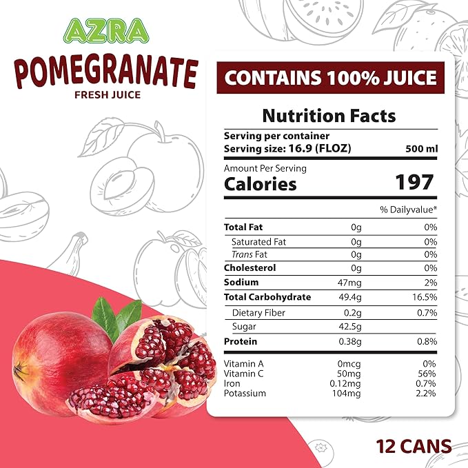 AZRA 100% Pomegranate Juice – 500ml Cans Healthy Drinks Variety Pack – Sugar Free Juice Pure Pomegranate Extract Beverages – Zero Sugar Drinks for Kids and Adults – 100% Juice 12 Pack
