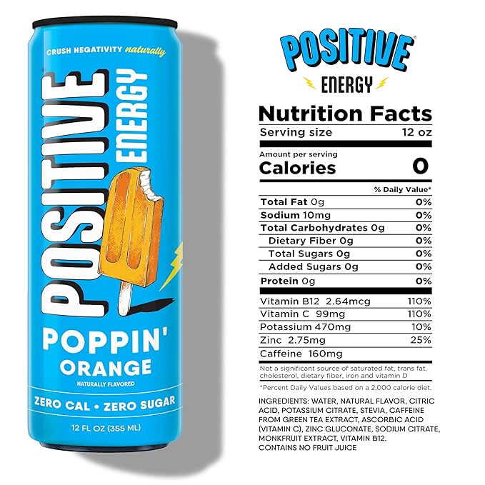Positive Energy Drink - Poppin' Orange | Zero Sugar Zero Calorie 12oz Cans (Pack of 12) | Hydrating Electrolytes Immunity Support with Zinc Healthy Energy Boost