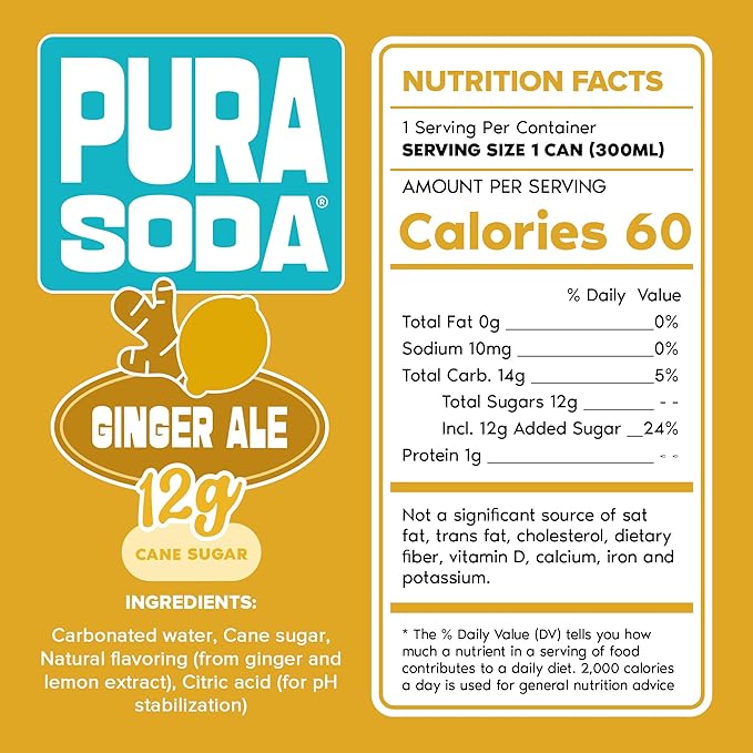 PuraSoda® Ginger Ale - 65 Calories &amp 12g Pure Cane Sugar per Can - Made with Pure Cane Sugar No Stevia or Artificial Blends - Non-GMO Vegan Clean &amp Refreshing Ginger Soft Drink - 10 fl oz C