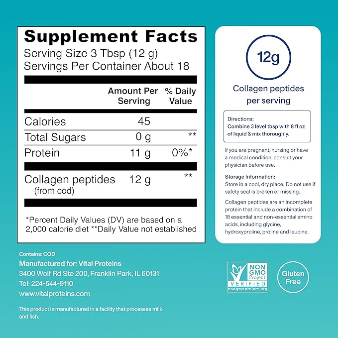Vital Proteins Marine Collagen Peptides Powder Supplement for Skin Hair Nail Joint - Hydrolyzed Collagen - 12g per Serving - 7.8 oz Canister