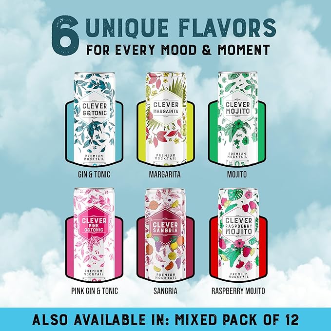 CLEVER - G &amp Tonic Nonalcoholic Mocktails for Any Occasion Refreshing Beverages Inspired by Gin &amp Tonic Low-Calorie Mocktails Non-alcoholic Drinks with 80 Calories Pack of 12 (12 oz Ea)