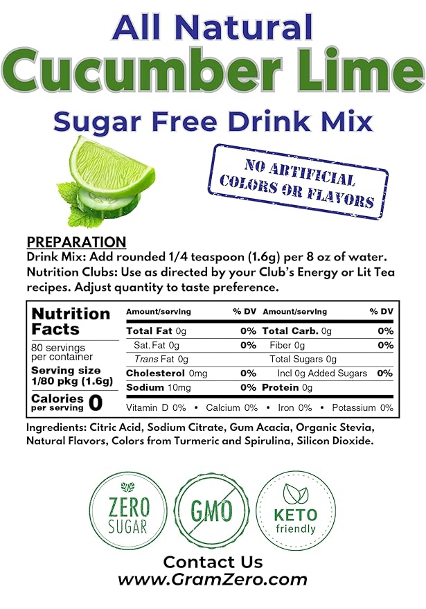 GramZero All Natural Cucumber Lime Zero Calorie Sugar Free Drink Mix Great For Nutrition Club Loaded Tea Stevia Sweetened