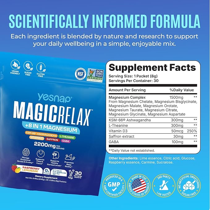 MAGICRELAX Calming Sparking Mix 8-in-1 Magnesium KSM-66 Ashwagandha Saffron Vitamin D3 GABA L-Theanine Supports Healthy Cortisol LevelsMood and Sleep No Sugar Non GMO Raspberry Lemonade Flavor