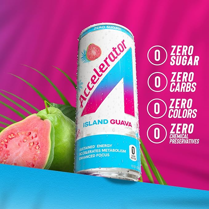 Accelerator Energy Drink Island Guava 12oz can (12 pack) Zero Sugar Sustained Energy from 100% Natural Caffeine (200mg from Green Coffee Bean &amp Green Tea extract)