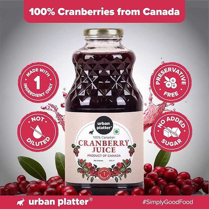 Urban Platter Canadian Cranberry Juice 1 Litre (Unsweetened No ed Sugar 100% Natural Cranberry Juice Good for UTI Health Perfect for Cocktails and Mocktails]