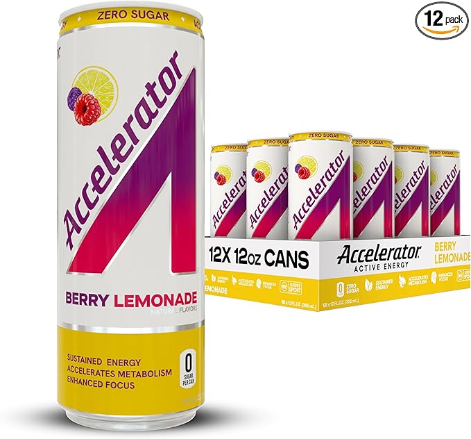 Accelerator Energy Drink Berry Lemonade 12oz can (12 pack) Zero Sugar Sustained Energy from 100% Natural Caffeine (200mg from Green Coffee Bean &amp Green Tea extract)