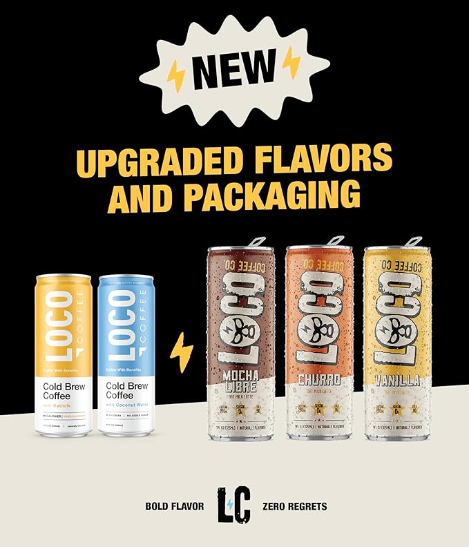 Loco Coffee Mocha Latte 11 Ounce Can 12 Count | Zero Sugar 200mg Caffeine | Gluten Free and Dairy Free | Low Calorie Iced Coffee