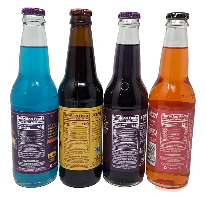 Jones Soda Fallout Themed 4-Flavor Variety Gift Set 12 fl oz Bottles Includes Rare SOUR Nuka Cola Quantum Sunset Sarsaparilla Nuka Grape and Nuka Victory Cola