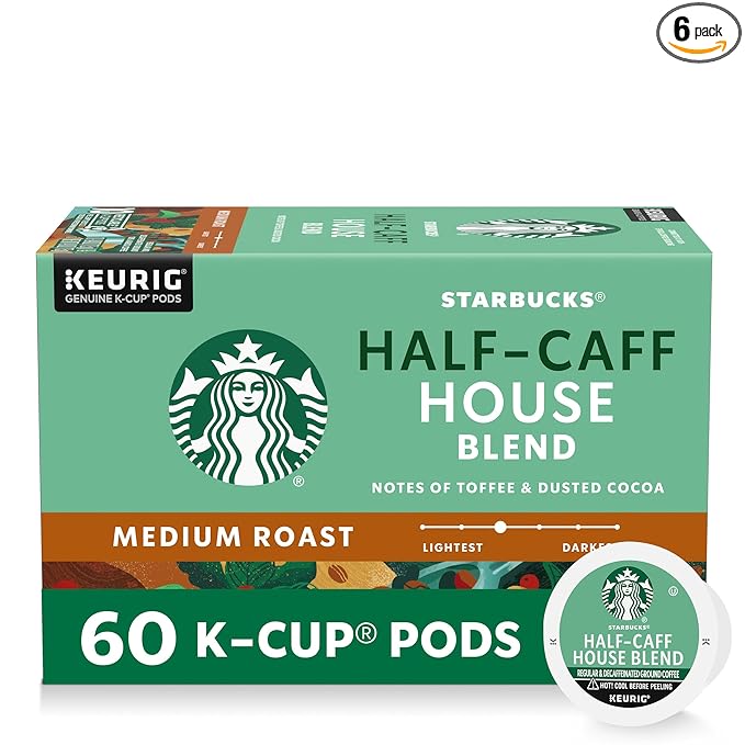 Starbucks K-Cup Coffee Pods Medium Roast Hot or Iced Coffee Half-Caff House Blend 60 Keurig Pods