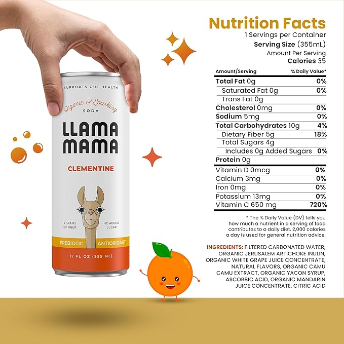 Llama Mama Clementine Organic Sparkling Prebiotic Soda • Gut &amp Immune Support • High Vitamin C Antioxidants • NO Sugar • NO Artificial Sweeteners • NO Stevia • Vegan Plant Fiber • 12 Pack
