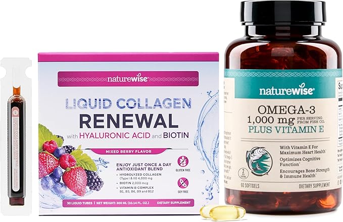 NatureWise [1] Hydrolyzed Liquid Collagen + Biotin + Vitamins - 30 Tubes[30 Day Supply] + [1] Omega 3 Fish Oil 1000mg + Vitamin E - Wild-Caught - 60 Softgels[30-Day Supply]