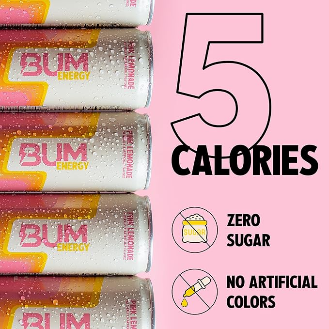 BUM Sugar-Free Energy Drink Pink Lemonade - Lightly Carbonated &amp No Artificial Colors Natural Caffeine &amp Citicoline for Energy &amp Focus Brain Boost &amp Workout Sports Beverage - 12 oz