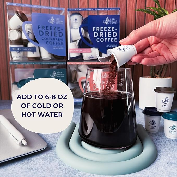 COZY INDIGO COFFEE - MIXTAPE 01 Instant Freeze Dried Specialty Coffee 3 Flavor Variety Pack Medium Dark Italian Roasts 24 Capsules 100% Arabica Beans Enjoy Cold or Hot Perfect for Travel and O