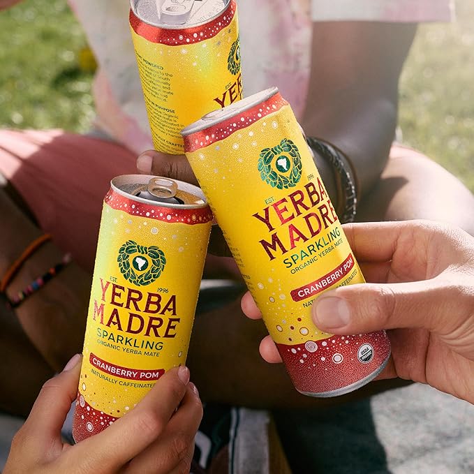 Yerba Madre Organic Sparkling Yerba Mate Cranberry Pom 115mg Natural Plant Based Caffeine Smooth Energy &amp Focus Carbonated 12oz Cans (Pack of 12) (Packaging May Vary)