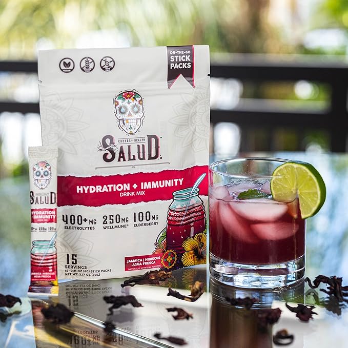 Salud 2-in-1 Hydration Packets + Immunity Electrolytes Powder Hibiscus - Jamaica Agua Fresca Drink Mix Elderberry Dairy &amp Soy Free Non-GMO Gluten Free Vegan Low Calorie 1g Sugar (15 Servin