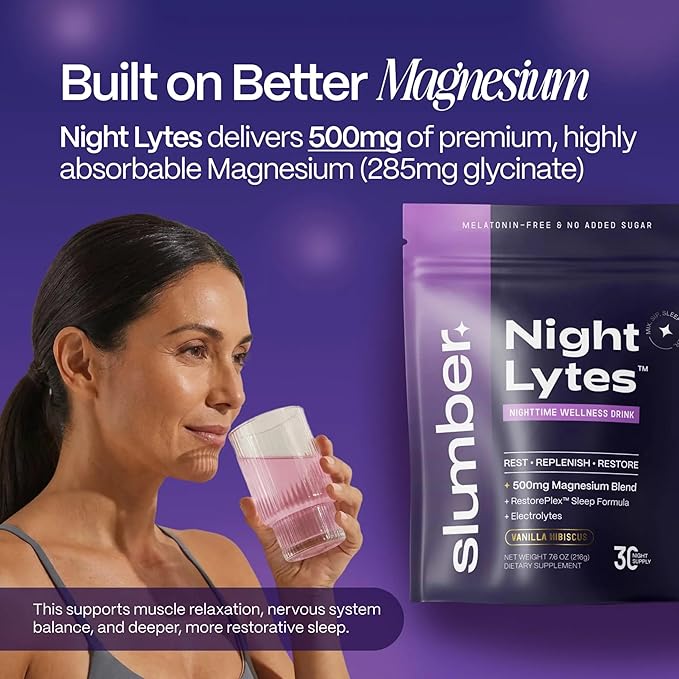 Slumber Night Lytes Magnesium Sleep Powder Drink Mix Vanilla Hibiscus Flavor Magnesium Glycinate L-Theanine Vitamin D3 Zinc Sugar Free Vegan 30 Servings