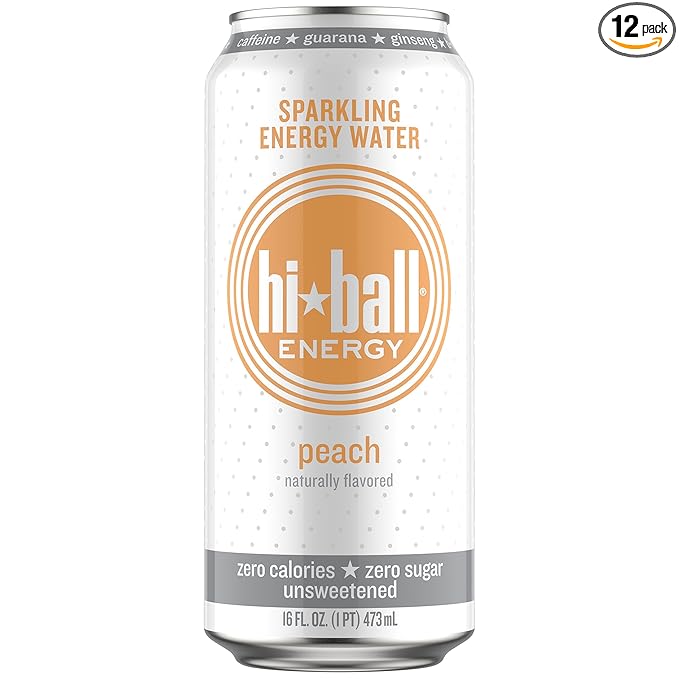 Hiball Energy Sparkling Water Peach 16 Ounce (Pack of 12)