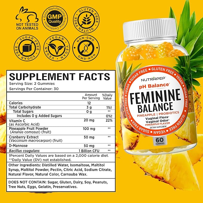 Feminine Balance Probiotics Gummies for Women - Vaginal Health &amp Women's pH Balance Natural Gummy Supplement with Cranberry Pineapple Powder - Sugar Free Gluten Free Vegan