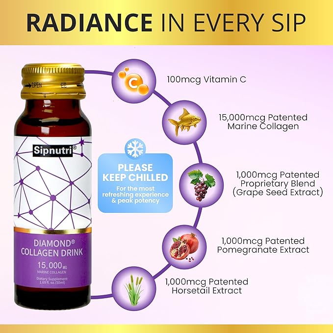 Diamond Collagen Drink -15000mg Marine Collagen Peptides Liquid Shots for Women &amp Men Hydrolyzed with Vitamin C &amp Pomegranate Grape Flavor Supports Skin Hair Nail Health -1.69 fl oz x10