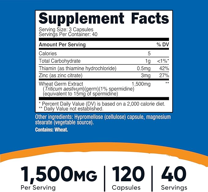 Nutricost Spermidine Wheat Germ Extract Supplement 120 Capsules for 40 Servings Per Bottle - Vegetarian GMO Free