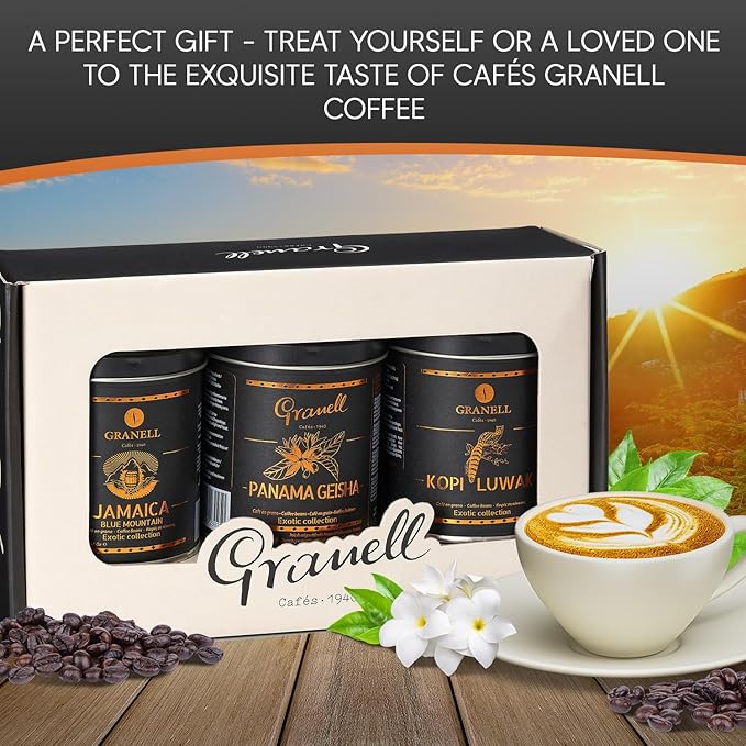 Cafés Granell Kopi Luwak Jamaica Blue Mountain &amp Panama Geisha Coffee 3 Pack Gift Set | Exotic Collection Fresh Whole Beans Quality Controlled 100% Arabica Coffee-Premium Medium Roast 3.53oz ea.