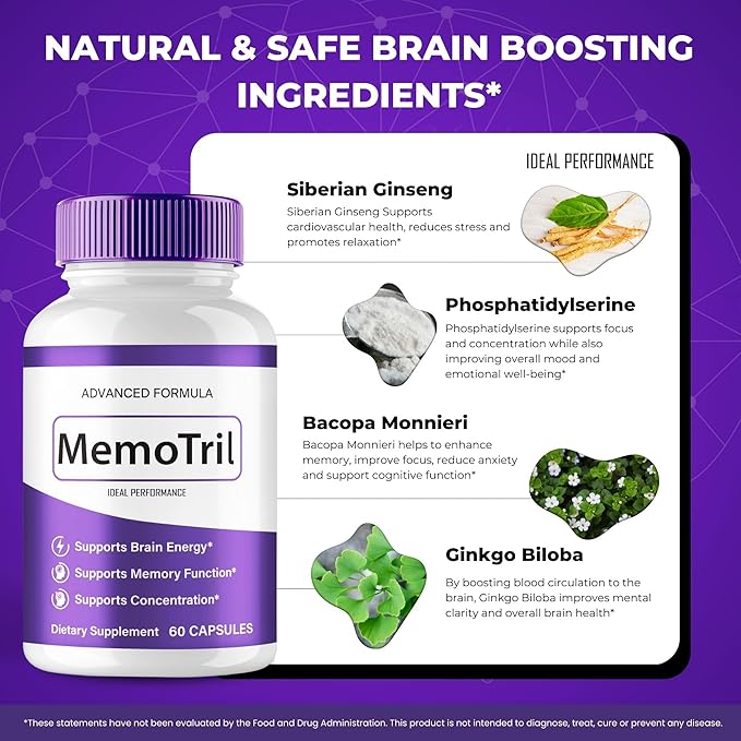 MemoTril Capsulas Memo Tril Memory Capsules Official Supplement for Brain Health Support - Maximum Strength Advanced Formula Nootropic Pills All Natural Memo Tril Capsules Reviews (2 Pack)