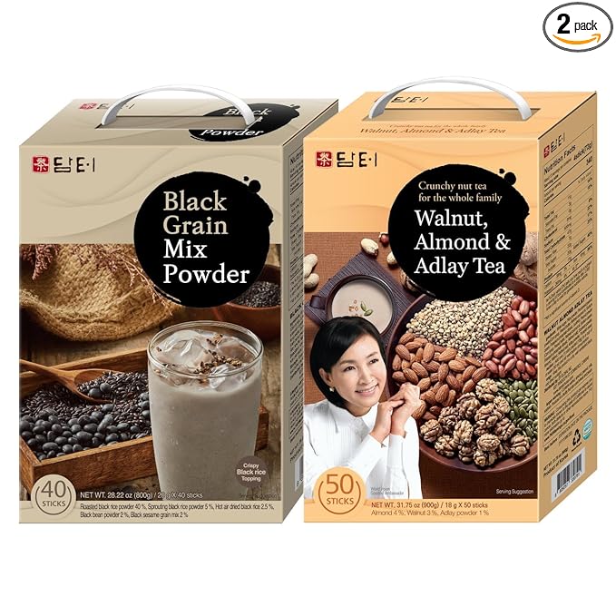 Damtuh Korean Grain Drink Mix Bundle – Black Grain Misugaru Powder + Walnut Almond Adlay Tea Powder (Job’s Tears/Yulmu) Latte-Style Drink Caffeine-Free 18g x 50 / 20g x 40 Stick Packs