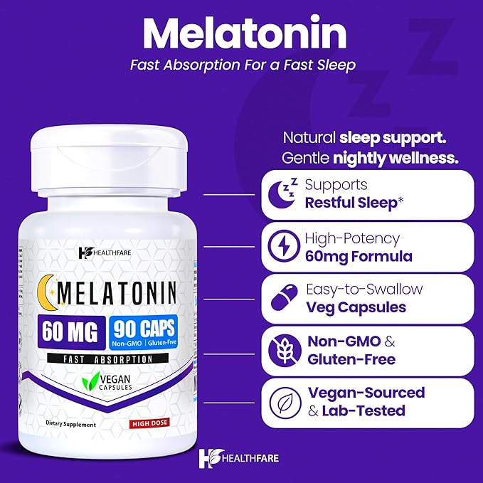 HealthFare Melatonin 60mg | Pack of 2 | 90 Veg Capsules Each | High-Strength Formula | Vegetarian Non-GMO Gluten-Free | Made in the USA