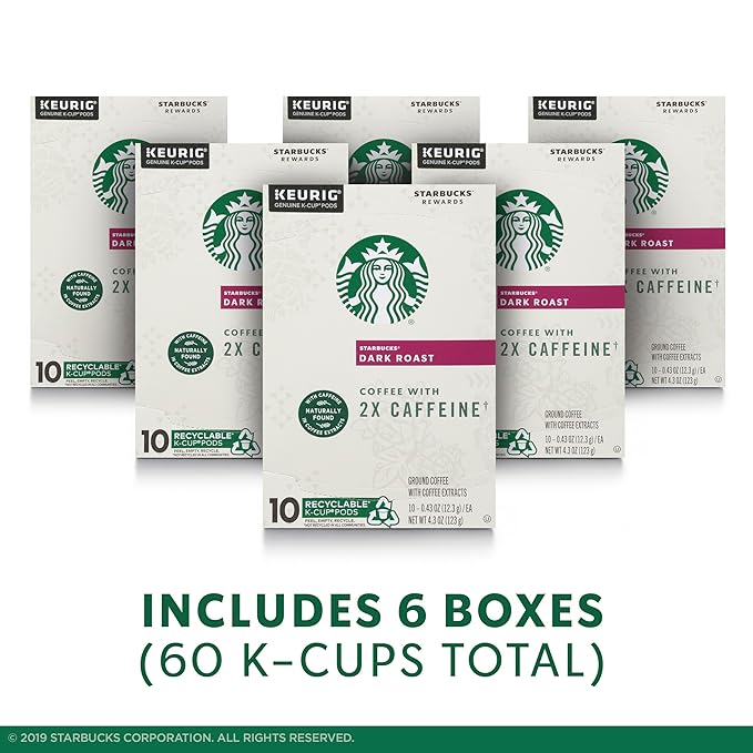Starbucks Dark Roast K-Cup Coffee Pods with 2X Caffeine for Keurig Brewers 6 boxes (60 pods total)