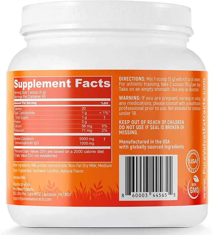 Pure Velvet Colostrum Powder for Gut Health Bloating Hair Growth Immune Support Bovine Cow Sourced Colostrum Protein Lactoferrin Supplement Contains Dairy with Immunoglobulins (IgG) (10 Ounce)