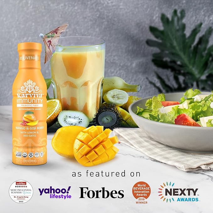 KARVIVA Rejuvenate Immunity Organic Juice Ancient Beauty Tonic Mango &amp Goji Berry Natural Electrolytes &amp Antioxidants Low Sugar Low Carlories 12 fl oz Bottles (6 Pack)