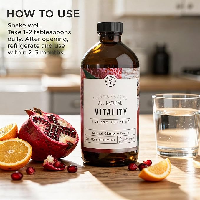 Rowe Casa Organics Vitality Energy Support with Strawberries Guarana &amp Rhodiola Extract – Natural Caffeine Liquid Vitamins for Mental Clarity and Focus – 16