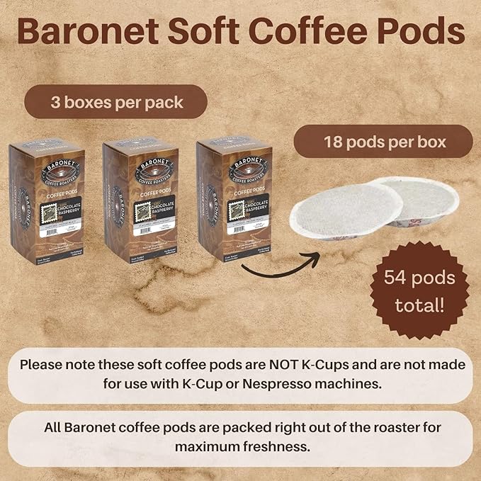 Baronet Coffee Pods [Chocolate Raspberry-54 Pods] Flavored Single Cup Use Like Senseo [3 Boxes of 18 Single Serve 10 Gram] Regular Strength Medium Roast [Choc Rasp]