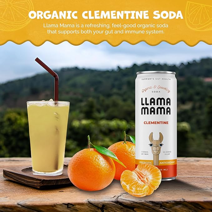 Llama Mama Clementine Organic Sparkling Prebiotic Soda • Gut &amp Immune Support • High Vitamin C Antioxidants • NO Sugar • NO Artificial Sweeteners • NO Stevia • Vegan Plant Fiber • 12 Pack