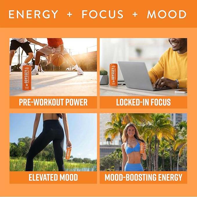 Odyssey Functional Energy Drink for Focus Cognition &amp Mood Support 12 Pack - Adaptogenic Drink with 85mg Green Tea Caffeine Lion’s Mane Cordyceps L-Theanine &amp Ginseng Sparkling Orange