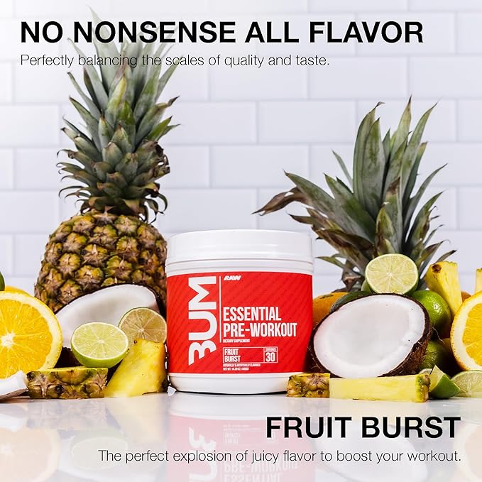 RAW Essential Pre-Workout Powder (Fruit Burst) - Chris Bumstead Sports Nutrition Supplement for Men &amp Women - Preworkout Energy Powder with Caffeine L-Citrulline L-Tyrosine &amp Beta Alanine B