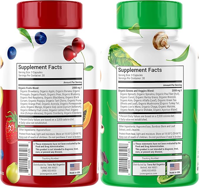 Juce Original Formula - Organic Super Fruit &amp Veggies Supplement - Gluten/Gelatin Free Soy Free &amp Vegan- Reds &amp Greens Superfood Capsules- 23 Fruits &amp 23 Vegetables (180 Count)- By Te
