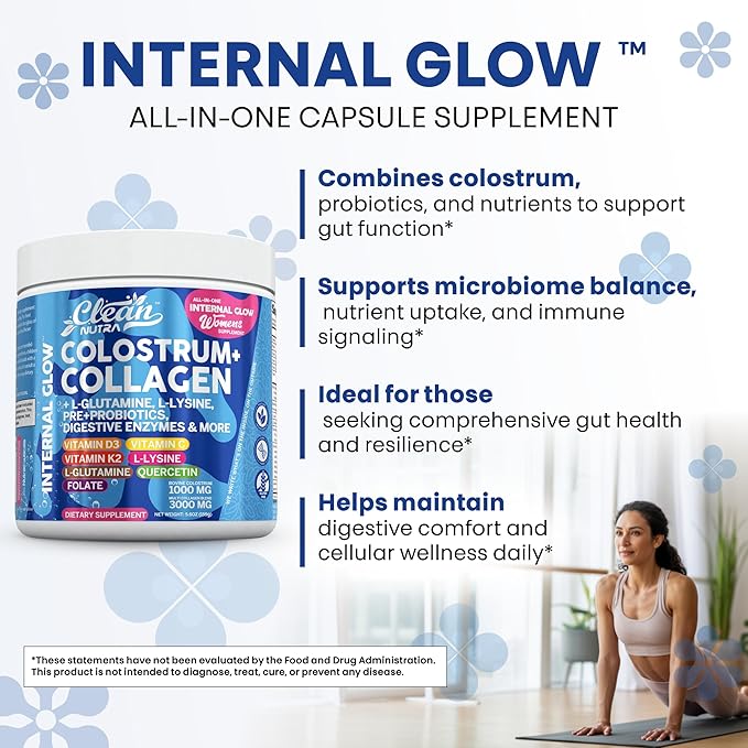 Bovine Colostrum Powder + Collagen Peptides with L-Glutamine L-Lysine Prebiotics Probiotics Digestive Enzymes Vitamin D K2 C Quercetin &amp Folate | Gut Health Supplement Internal Glow by Clean Nutra
