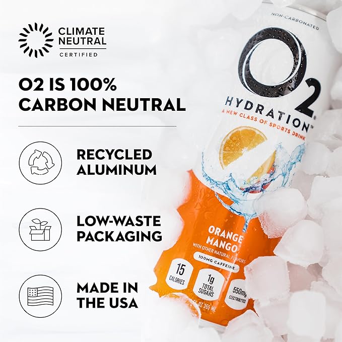 O2 Orange Mango Post Workout Recovery Drink - Caffeinated Electrolyte Drink for Daily Hydration