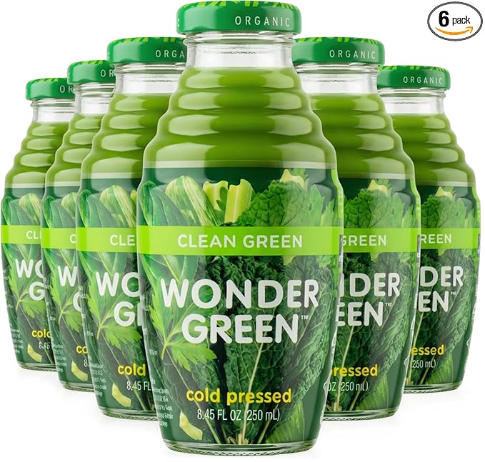 Wonder Green 100% Organic Clean Green Cold Pressed Juice 8.45 oz (6 Pack) | Kale &amp Vegetable Juice Blend All Natural No Additives or Preservatives Not from Concentrate