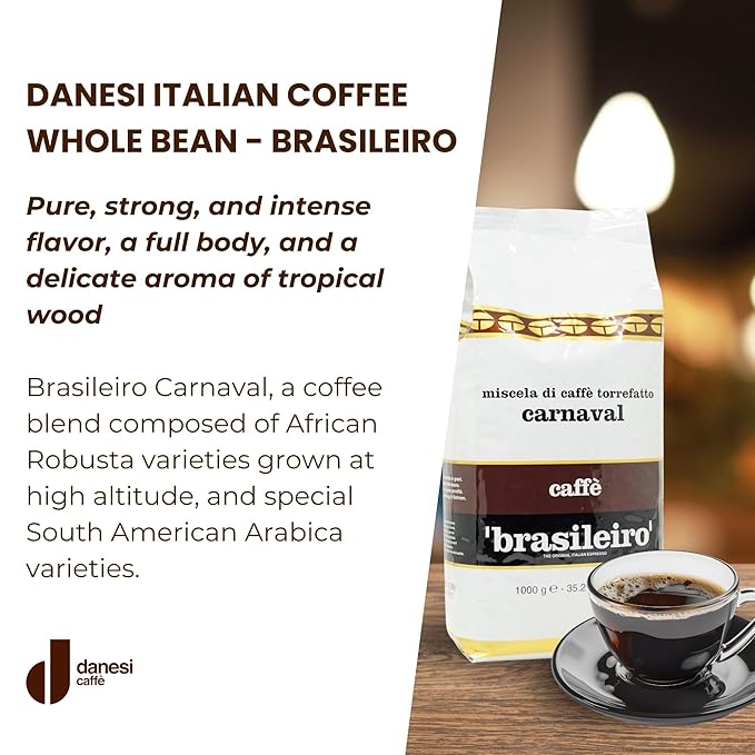 Danesi Caffe Italian Whole Coffee Beans - Espresso Coffee Beans and Medium Roast Whole Bean - Perfect for Espresso Machines French Press and Home Brewing - Brasileiro (2.2 lb)