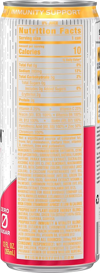 REIGN Storm Strawberry Apricot Fitness &amp Wellness Energy Drink 12 Fl Oz | Pack of 12