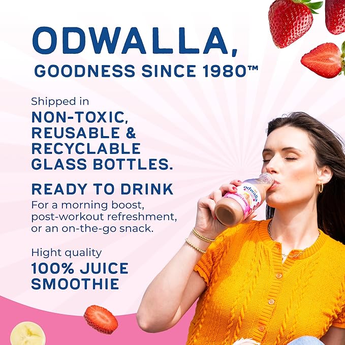 Odwalla Smoothie - Fruit Smoothie Mix Ready to Drink Juice Blend No Added Sugar No preservatives - 13.9 oz Glass Bottles - Strawberry Banana